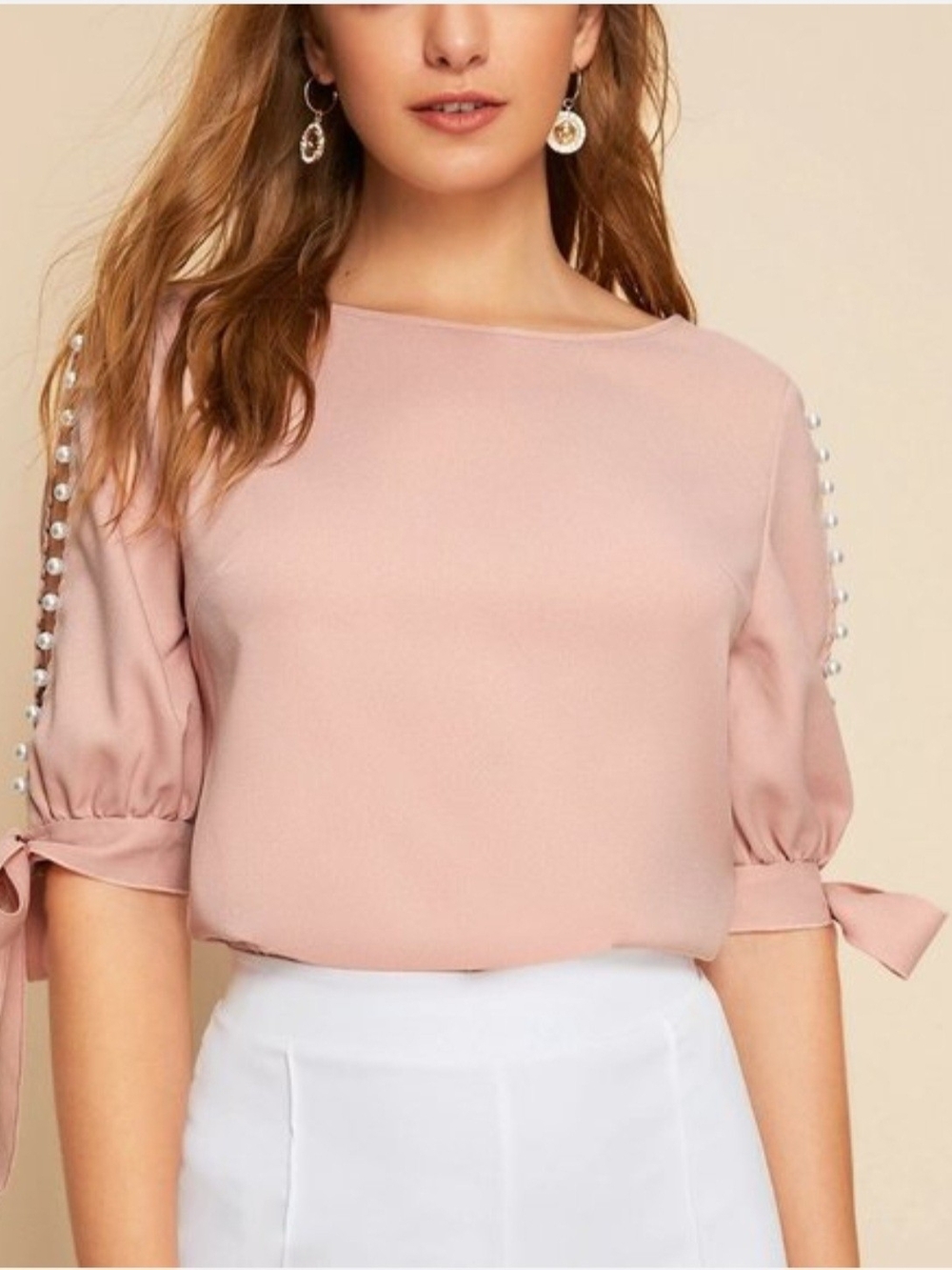 SHEIN Pearl-Trim Tie Sleeve Blouse - Blush